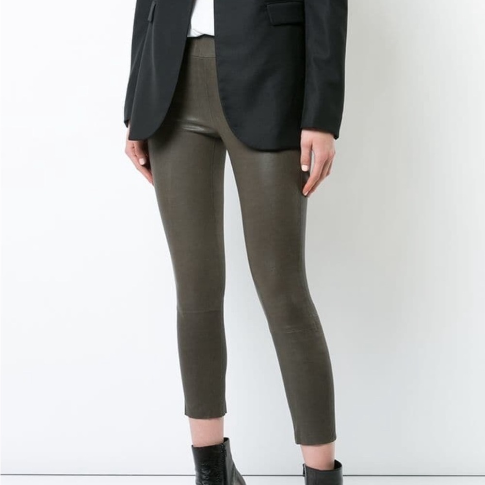SPRWMN HIGH-RISE SKINNY 3/4 LEATHER CROP, SZ XS ARMY (GREY/GREEN)